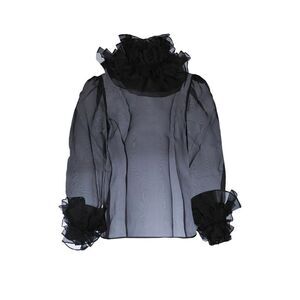 BODE Sheer Ruffle Neckline Long Sleeve Blouse Women BLACK Shirts